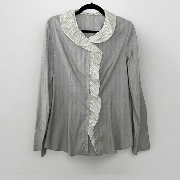 frilly pinstripe ruffle button up office wear shirt - Picture 8 of 8